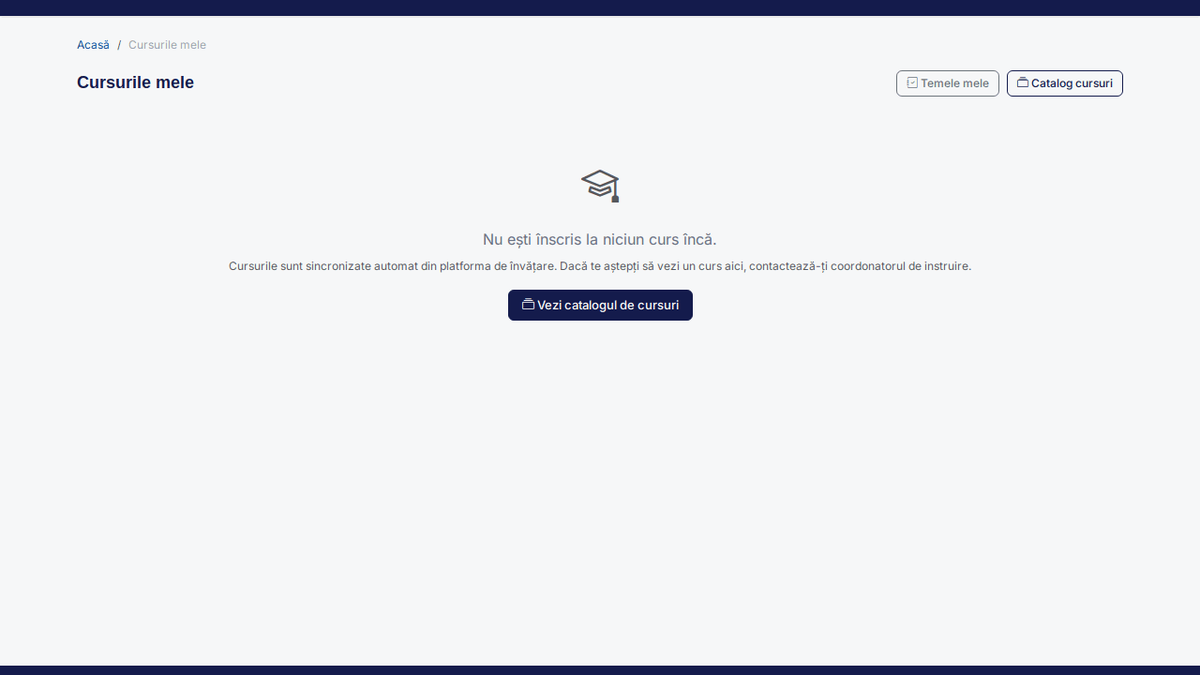Pagina „Cursurile mele”, cu grupele de cursuri pe status și butoanele „Temele mele” și „Cursuri disponibile”.