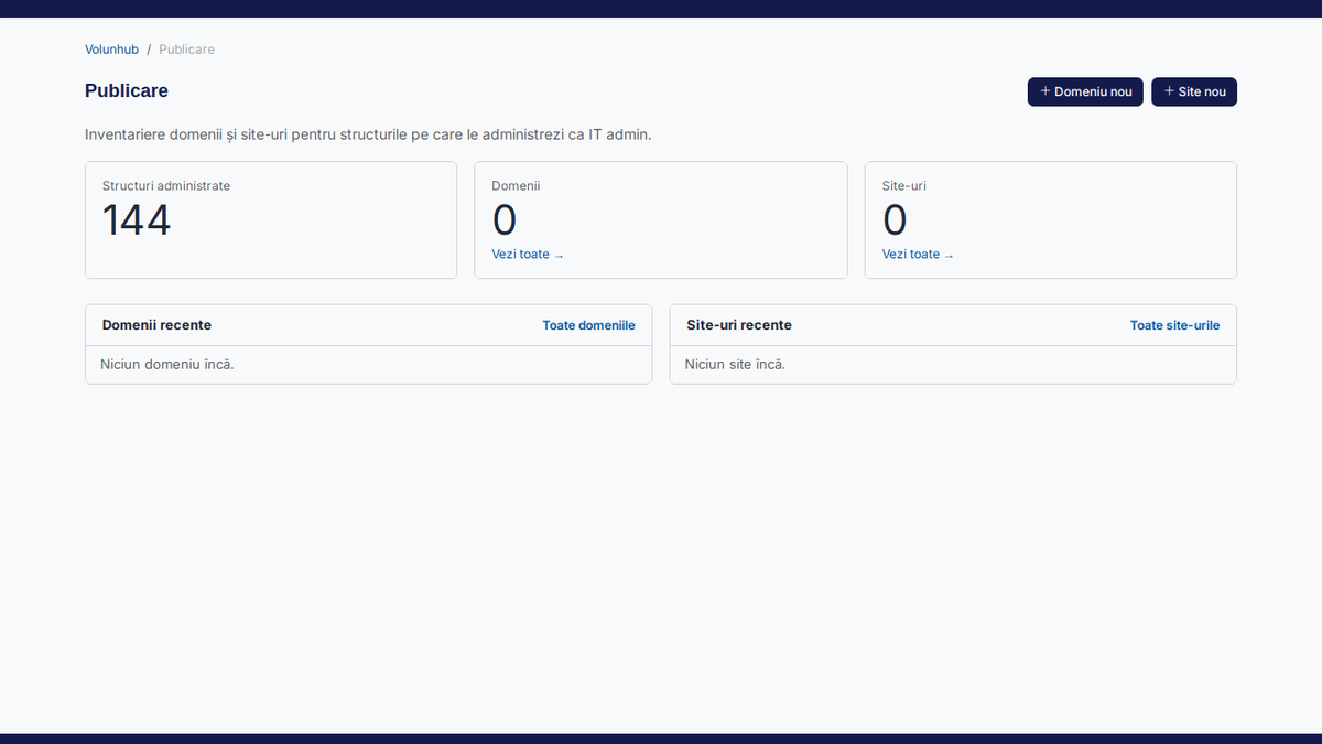 Dashboard-ul Publicare (/publicare/) cu numărul de structuri administrate, domenii și site-uri, plus listele de domenii și site-uri recente.
