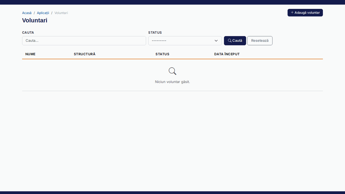 Lista voluntarilor (/voluntari/), punctul de pornire al modulului.